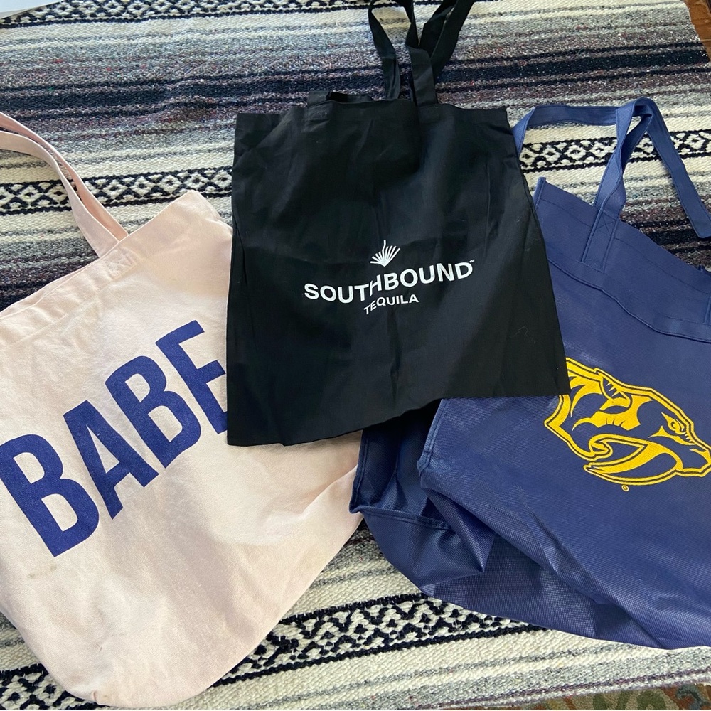 3/$12 Lot of 3 Tote Bags Reuseable Babe so much yes Predators Hockey Tequila